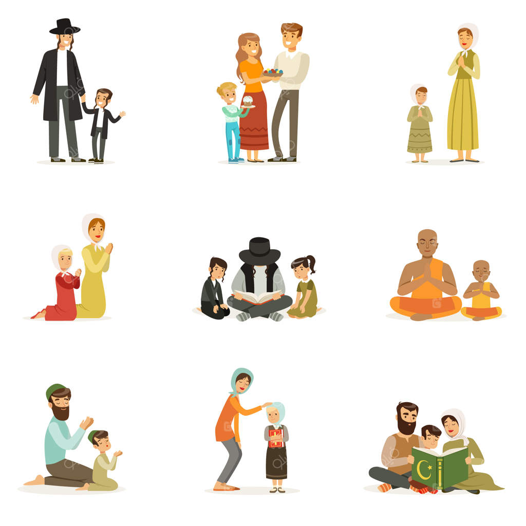 شخصیت‌های مردمی از ادیان مختلف: فعالیت‌های مذهبی و خانواده‌هایی در لباس‌های ملی که دعا می‌کنند، کتاب‌های مقدس می‌خوانند و اعیاد را جشن می‌گیرند. یهودیان، کاتولیک‌ها، مسلمانان، بودایی‌ها.