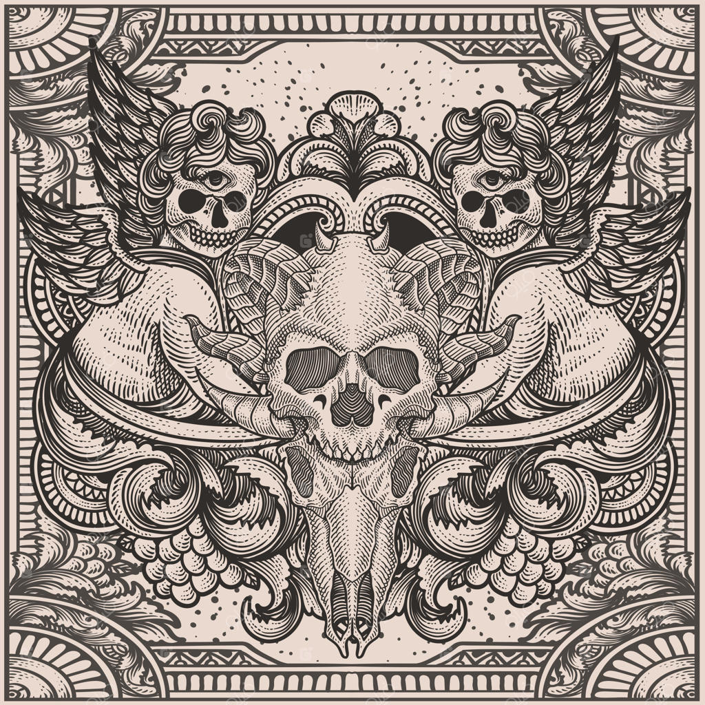 تصویرسازی سر جمجمه شیطان با تزئینات حکاکی کلاسیک