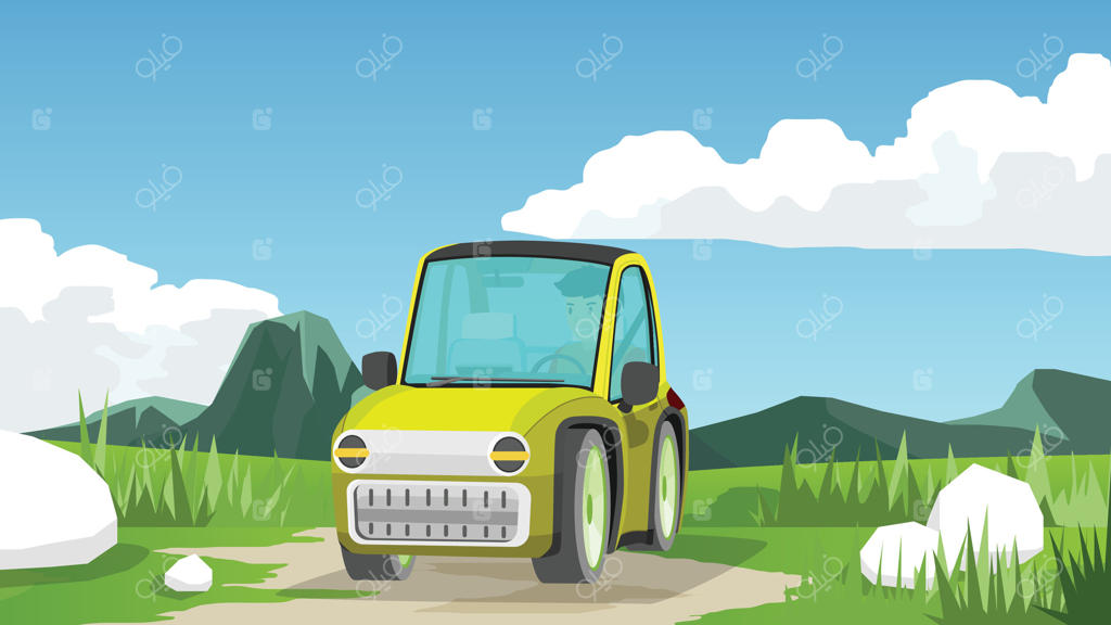 سفر با خودروی کوچک و راننده، جاده خاکی پیچ در پیچ، عبور از مناظر سرسبز و تپه‌ها. پس‌زمینه‌ای خالی از کوهستان و آسمان آبی با ابرهای سفید.