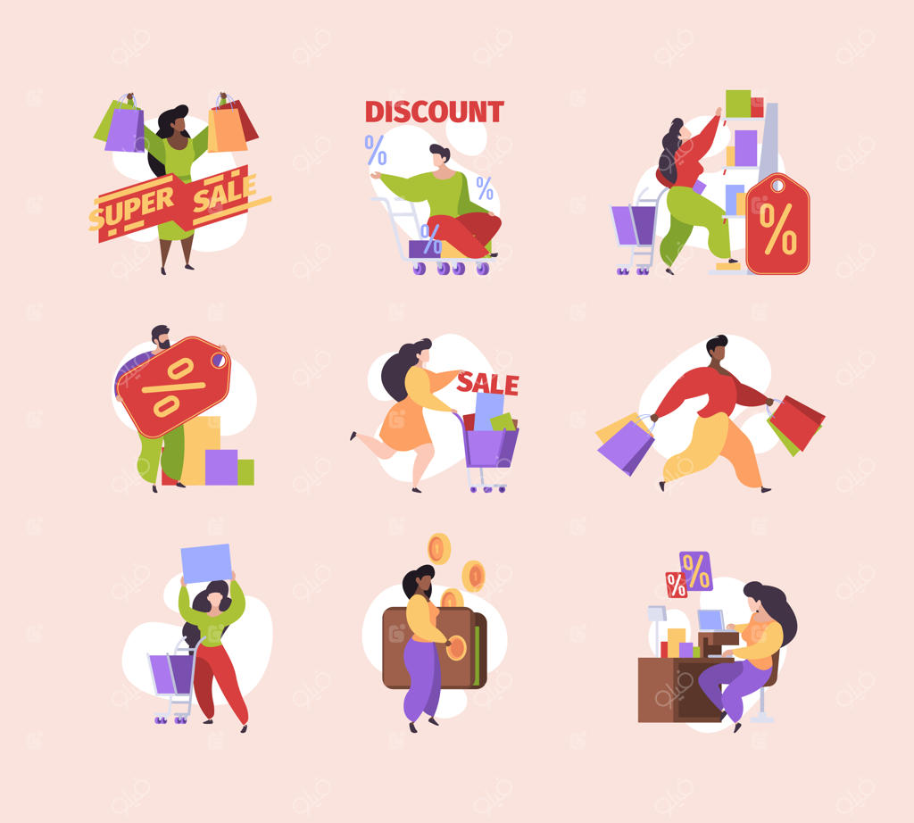 کیسه‌های خرید شخصیت‌ها: خریداران زن و مرد در خیابان و بازار - تصاویر وکتور رنگارنگ در سبک تخت