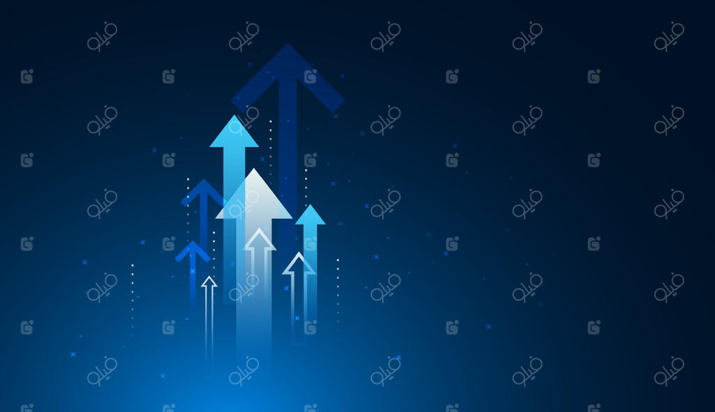 مجموعه‌ای از پیکان‌های رو به بالا با طیف رنگی آبی نمادی برای رشد سریع، موفقیت و حرکت رو به جلو. تصویرسازی مفهوم رشد تکنولوژیکی