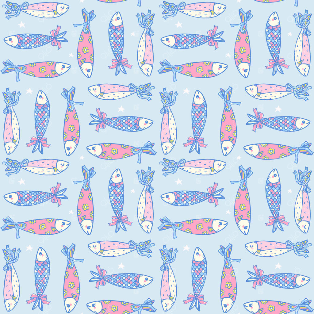 پترن یکپارچه ماهی ساردین دخترانه با پاپیون بر روی پس زمینه آبی به سبک ماهیگیر دلفریب برای پارچه، کاغذ دیجیتال و دکور آشپزخانه