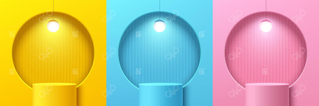مجموعه سکوی استوانه‌ای انتزاعی زرد، صورتی و آبی با پنجره دایره‌ای و چراغ آویز؛ طرح صحنه پاستلی و سکوی هندسی وکتور برای نمایش محصول