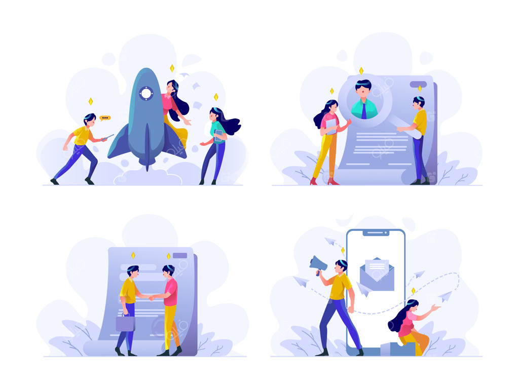 طراحی تصویرسازی کسب‌وکار و امور مالی به سبک گرادیانت مسطح: استارتاپ، جستجوی کارمند، توافق‌نامه قرارداد، مگافون، بازاریابی در شبکه‌های اجتماعی اینترنتی