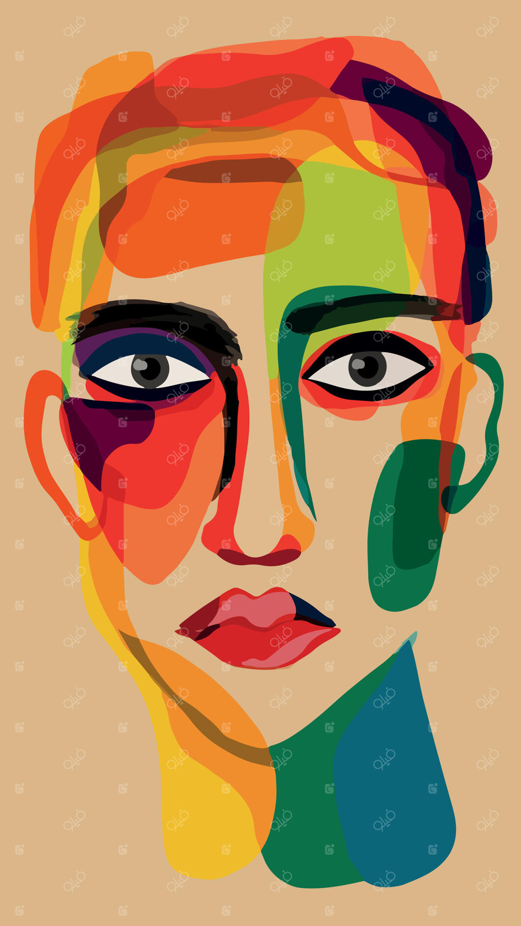 زنی با موها و چهره‌ای رنگارنگ