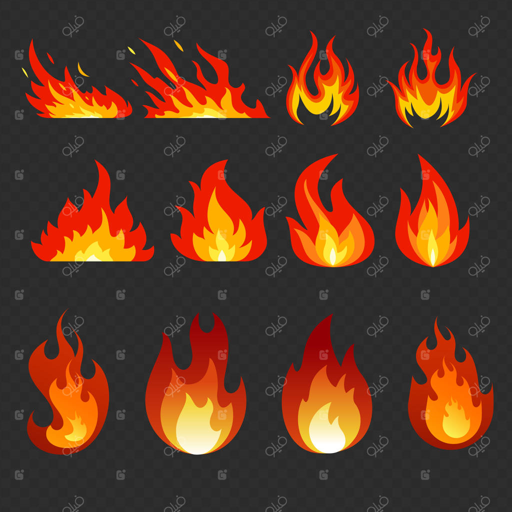 مجموعه آیکون‌های آتش و شعله با پس‌زمینه مشکی