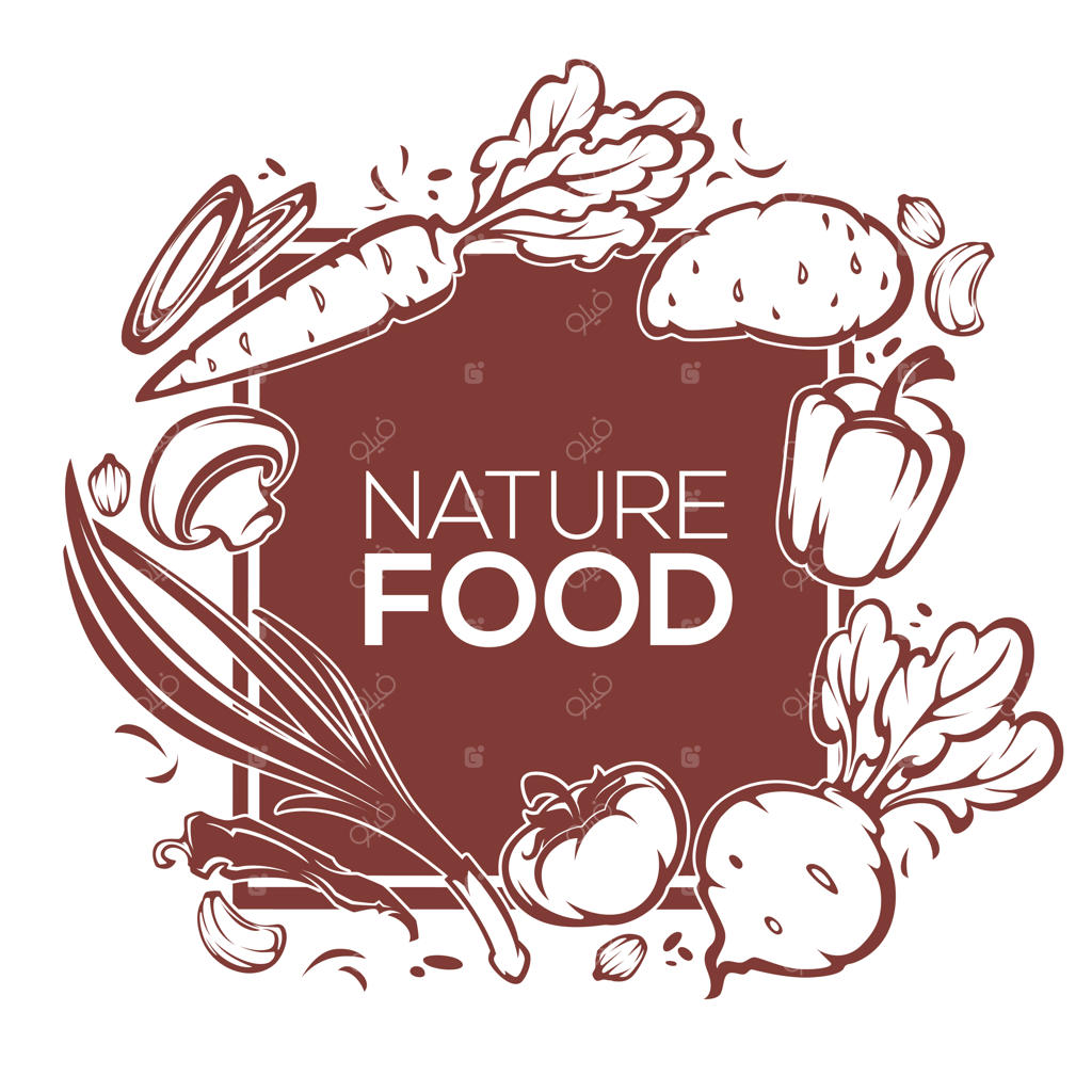 طراحی قالب بنر طبیعت و غذای ارگانیک با تصاویر سبزیجات معمولی مانند هویج، ریشه، گوجه‌فرنگی، فلفل، پیاز و قارچ