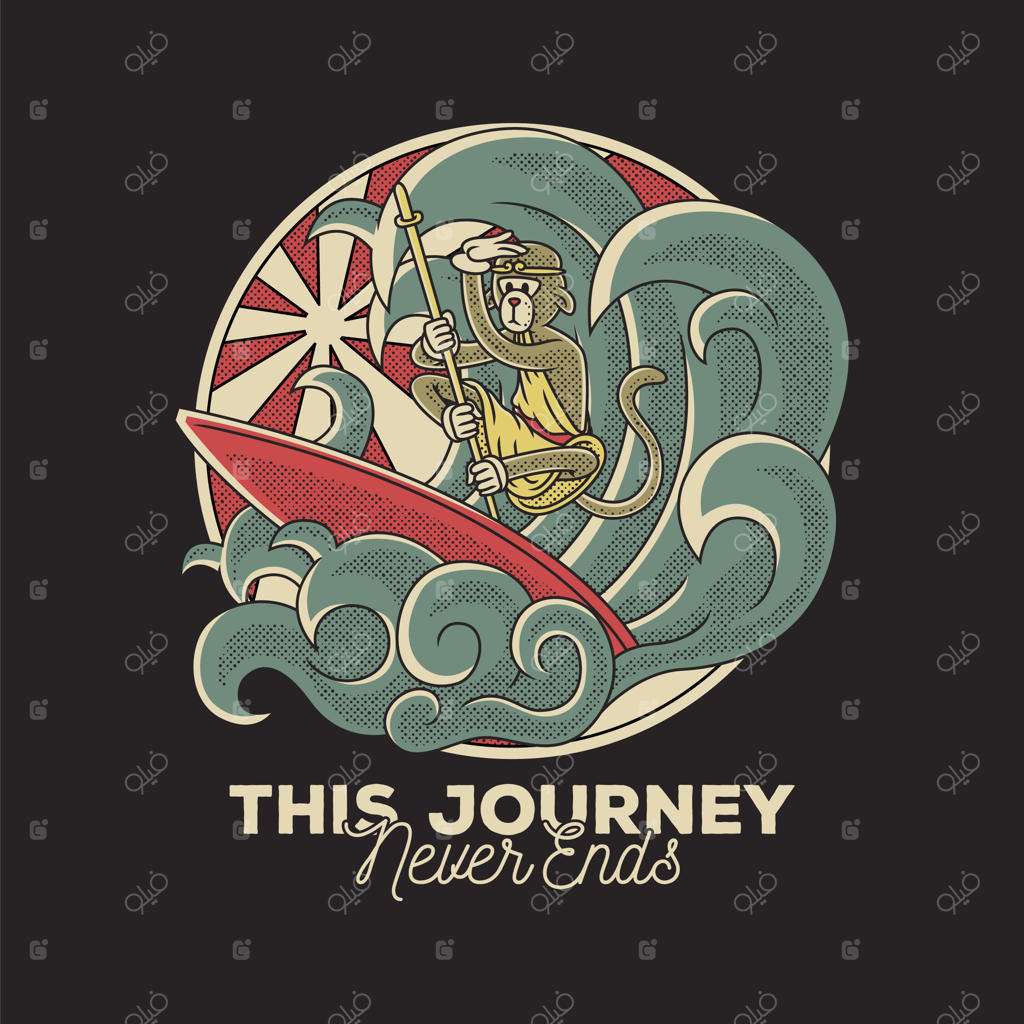 نماد کارتونی میمون در حال موج‌سواری با سبک رترو