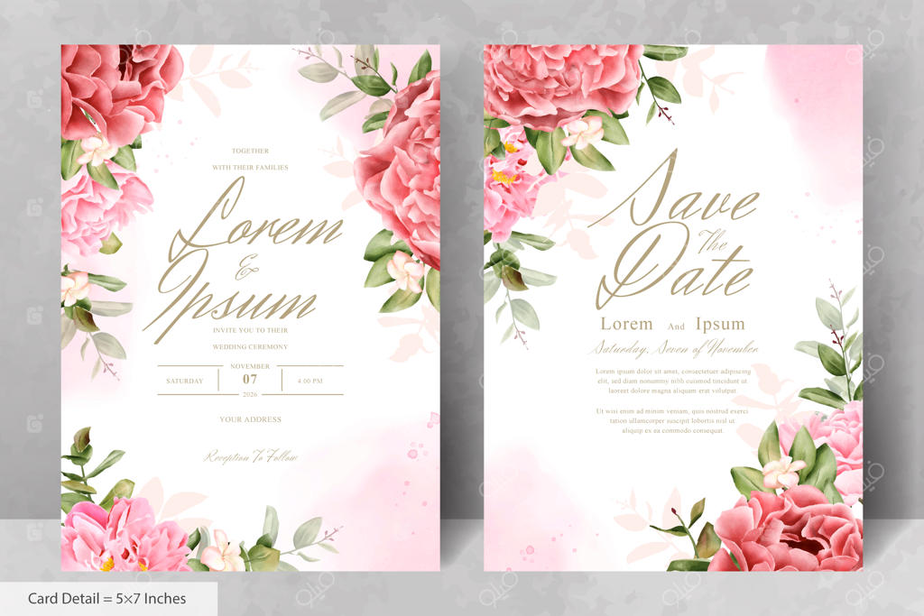 پترن کارت دعوت عروسی با طراحی آبرنگ واقعی و گل و برگ‌های دست‌کشیده