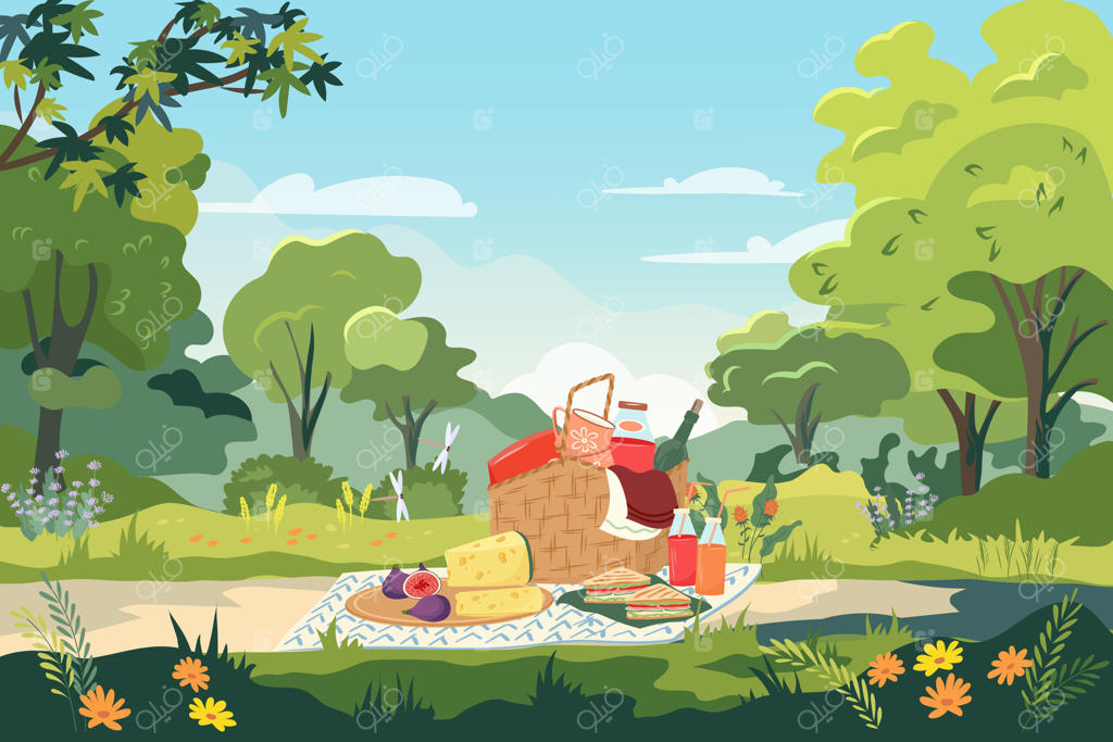 بنر پیک‌نیک در باغ عمومی با سبدی پر از خوراکی‌های لذیذ. نمای پانورامای افقی با سبد غذا و پتو در پس‌زمینه پارک شهر در تابستان. دعوت‌نامه دورهمی خانوادگی در طبیعت