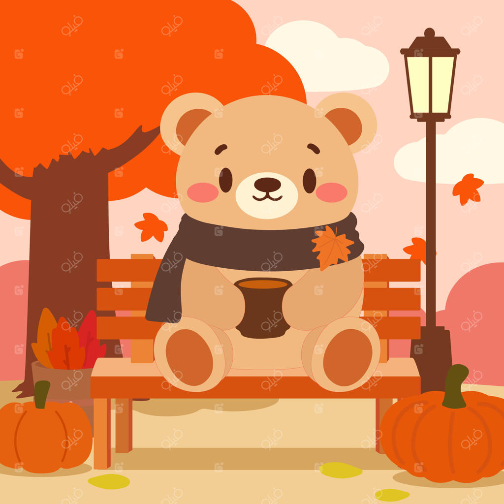 خرس بامزه‌ای روی نیمکت پاییزی با قهوه و کدو تنبل‌ها. کارتونی دلنشین از خرسی با شال‌گردن که از فصل پاییز در فضای باز لذت می‌برد. تصویرگرای زیبای خرس پاییزی در پارکی دلنشین.