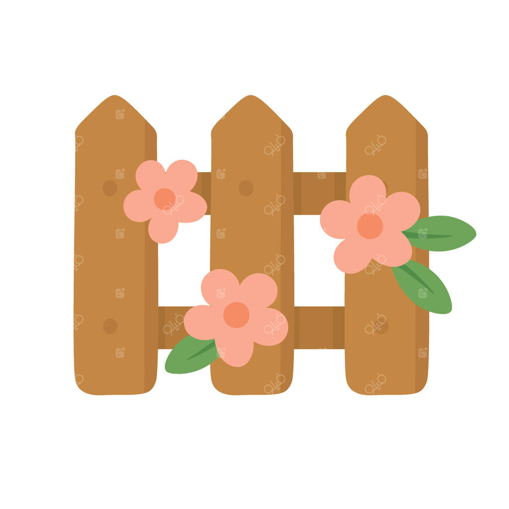 پرچین چوبی کارتونی تزئین شده با گل‌های صورتی بهاری. تصویر تخت و جذاب برای طراحی باغ.