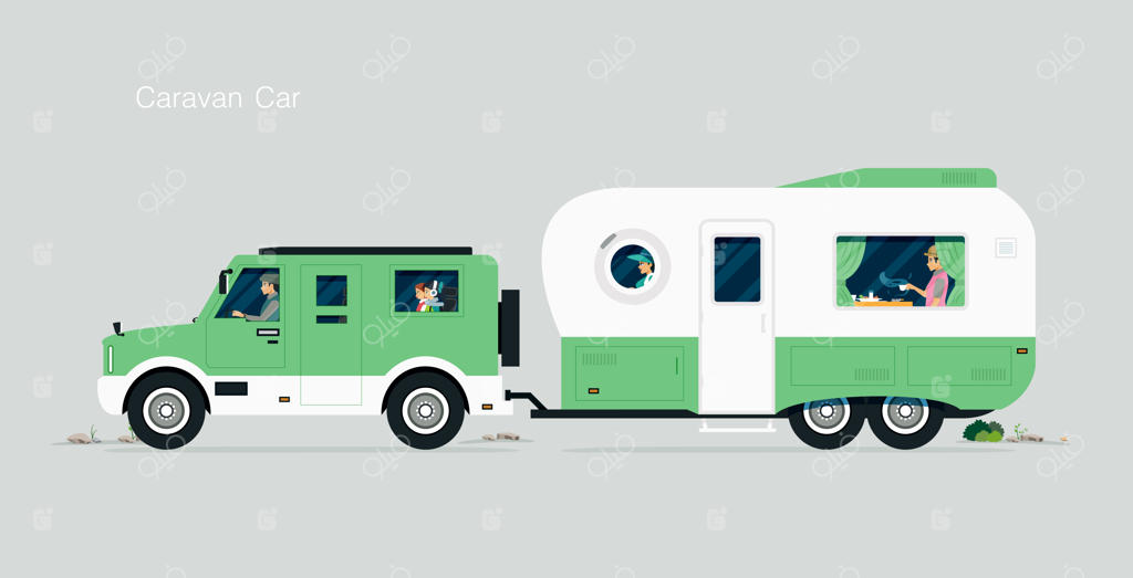 خانواده‌ای در سفر با کاروان و پس‌زمینه خاکستری