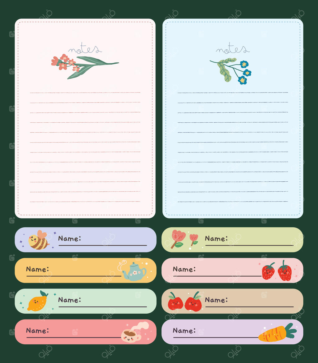 ست عناصر ژورنالینگ بامزه با برچسب‌ها، یادداشت‌ها و لیبل‌های رنگارنگ مناسب برای اسکرپ‌بوکینگ، تزئین پلنر و نیازهای خلاقانه در لوازم‌التحریر و صنایع‌دستی