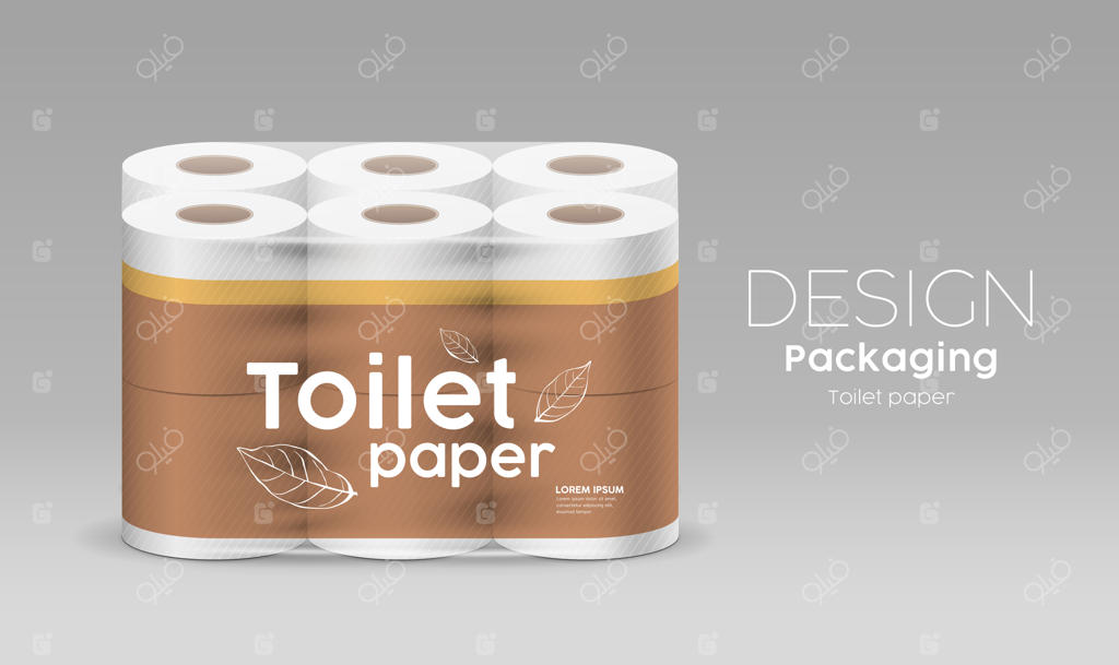 دستمال توالت پلاستیکی بسته یک عددی دوازده رول، طرح برگ و قهوه‌ای روی زمینه خاکستری، تصویرسازی