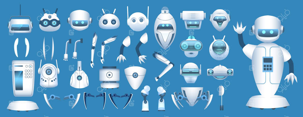 سازنده شخصیت ربات: قطعات کارتونی اندروید آینده‌نگر. دست‌ها، پاها و سرهای رباتیک برای انیمیشن. مجموعه عناصر ربات‌ها. مجموعه قطعات برای ساخت شخصیت‌های رباتیک