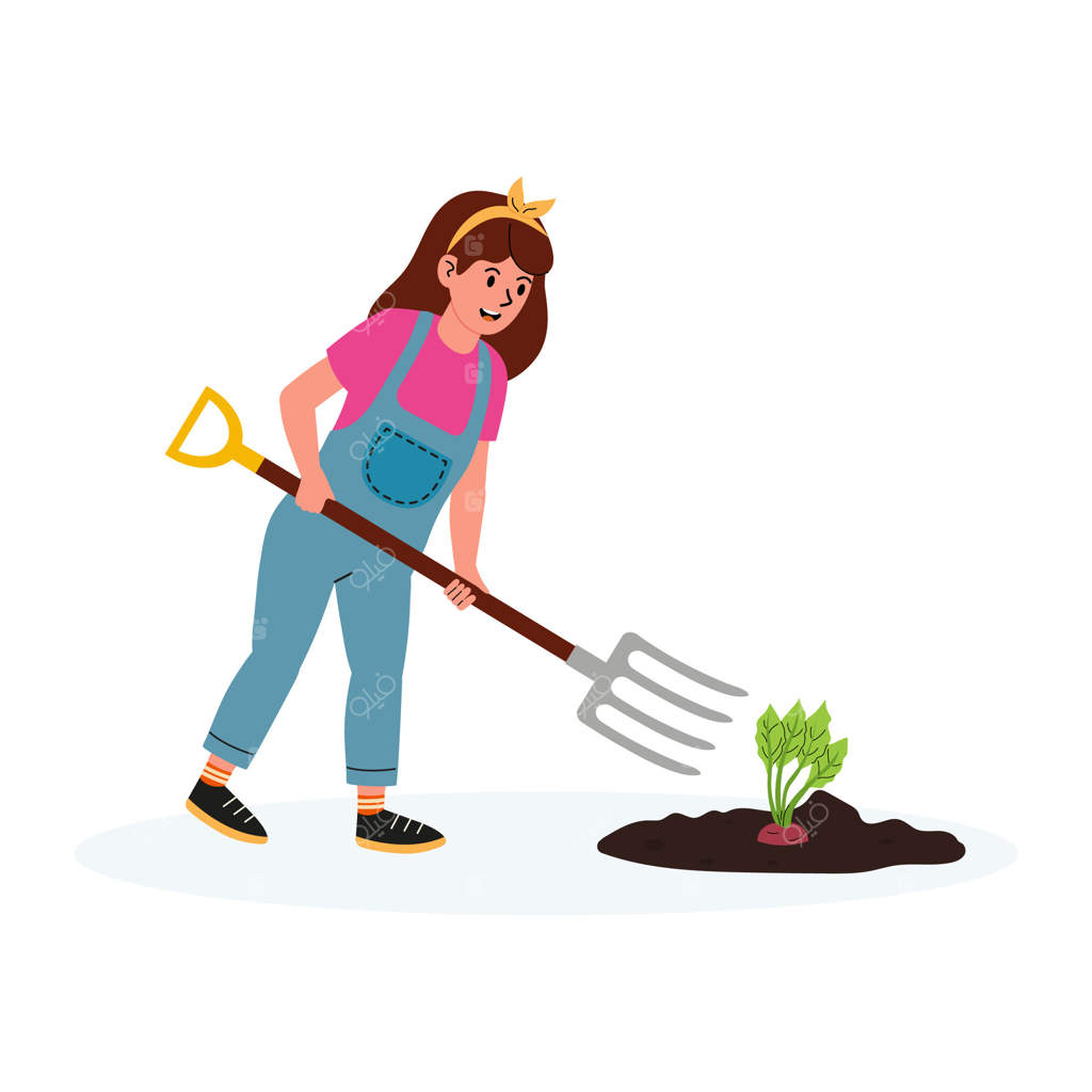 کودکی که در یک روز آفتابی با چنگال در باغچه سبزی می‌کارد