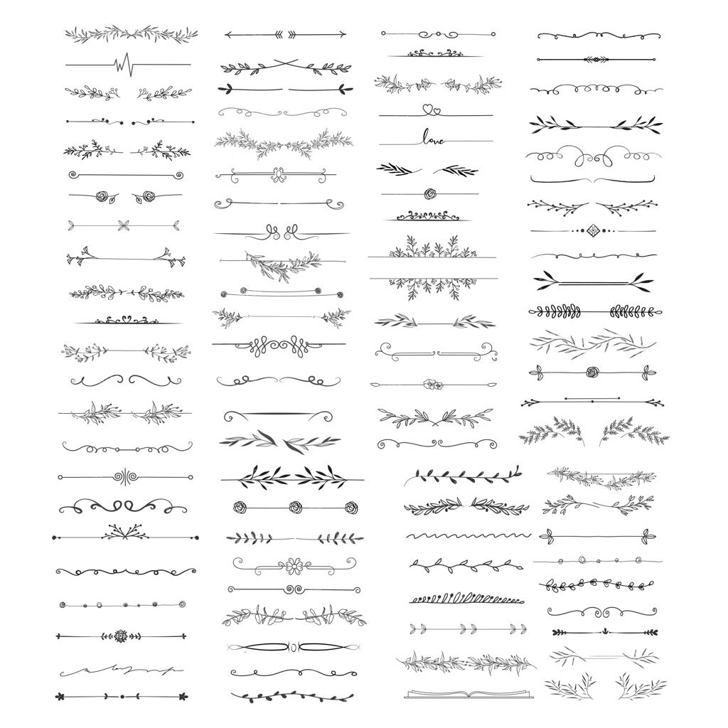 مجموعه وکتور جداکننده‌ها، خطوط، حاشیه‌ها و طرح‌های شاخ و برگ طراحی دستی