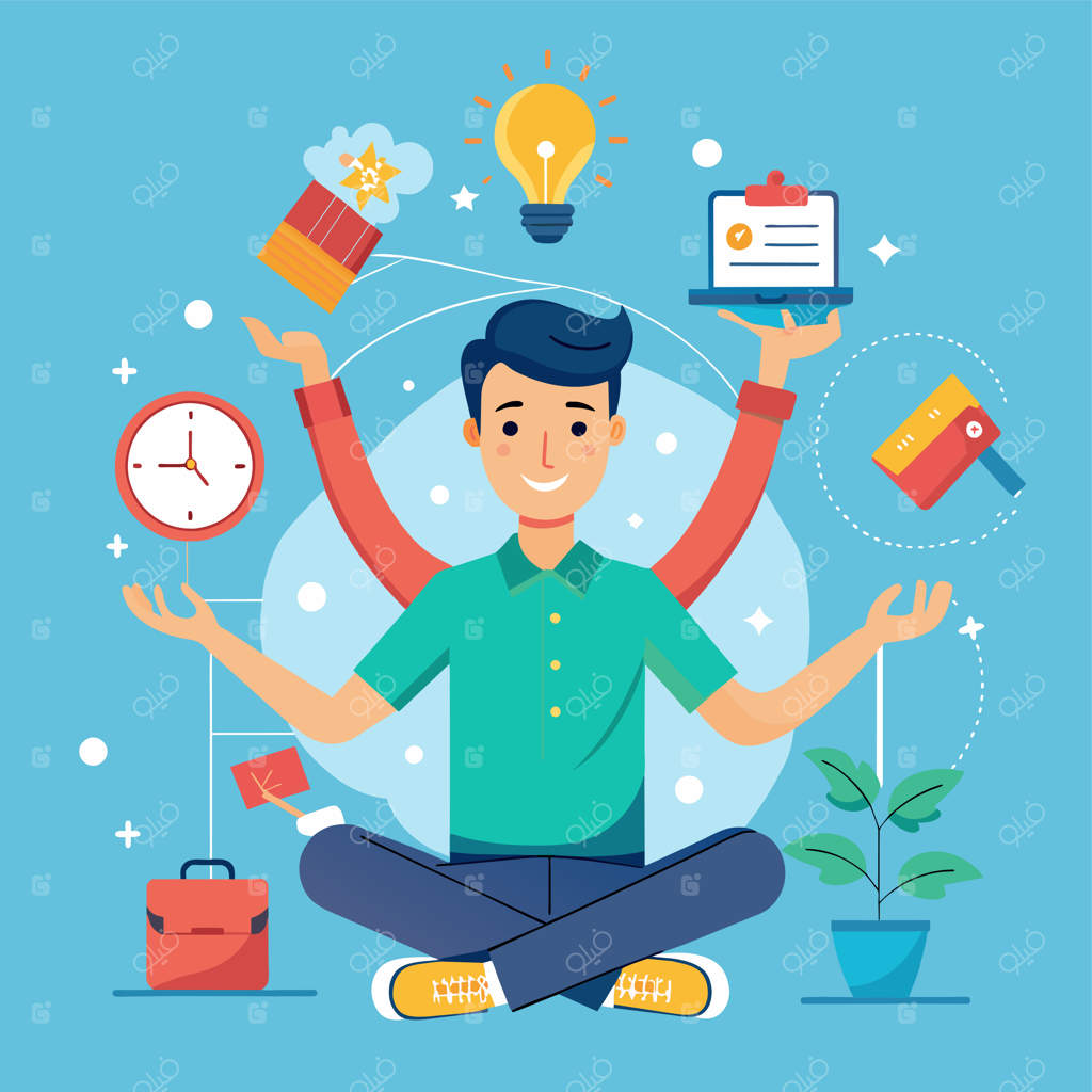 مردی در حال نشستن در وضعیت یوگا با دستان بالا رفته، چندوظیفه‌گی مد روز، تصویر برداری ساده و مینیمالیستی.