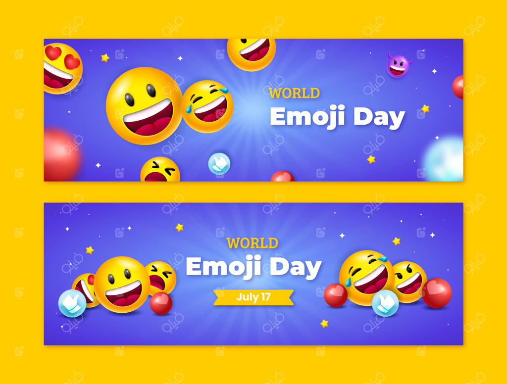 قالب بنر افقی روز جهانی ایموجی با پس‌زمینه گرادیان