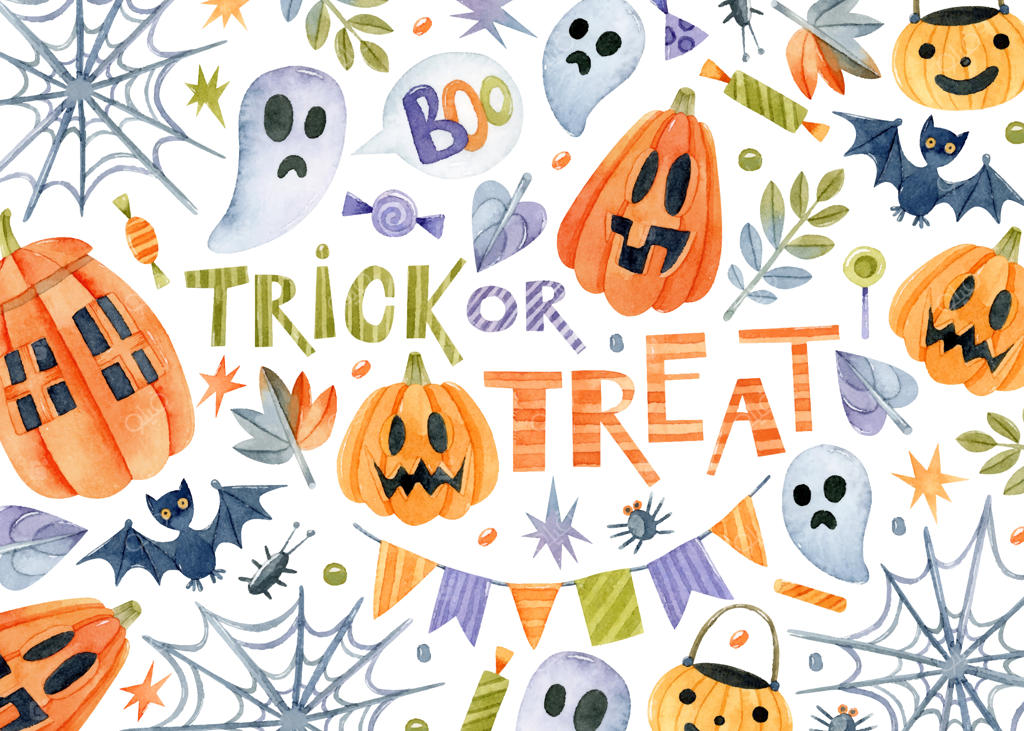 زمینه هالووینی با آبرنگ و نوشته‌های "خوراکی یا کلک" و کدو تنبل‌های جک‌اُ‌لَنتِرن