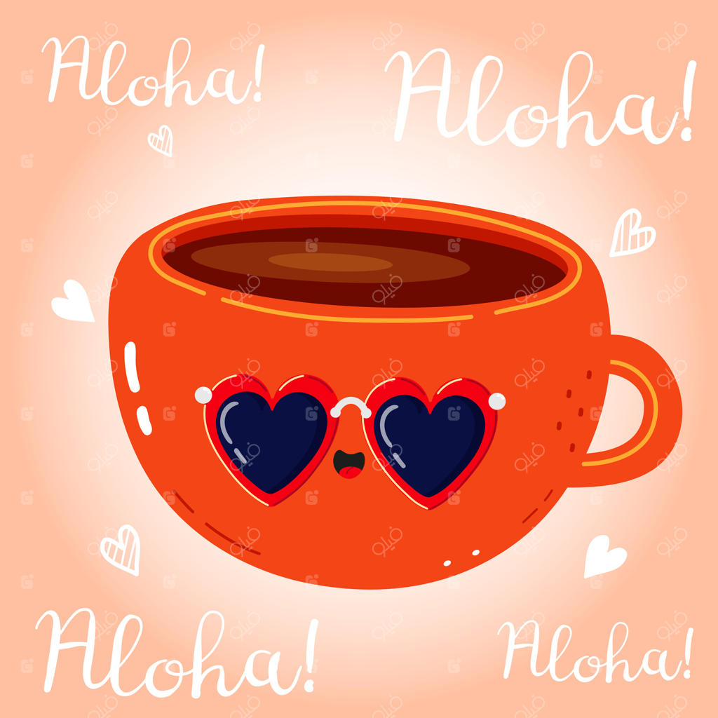 فنجان قهوه نارنجی با عینک آفتابی قلبی، مناسب تعطیلات تابستانی و دوستداران قهوه با حال و هوای هاوایی