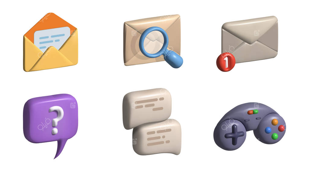 مجموعه آیکون‌های سه‌بعدی گفت‌وگو و حباب گفتار با پشتیبانی، ایمیل، جستجو، پاکت‌نامه و جوی‌استیک بازی - تصویرسازی سه‌بعدی