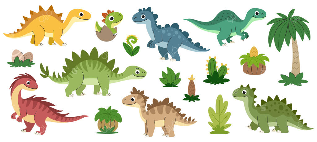 مجموعه کارتون دایناسورهای کوچک: دایناسورهای گیاه‌خوار و گوشت‌خوار بامزه در رنگ‌ها و گونه‌های مختلف، با گیاهان ماقبل تاریخ.