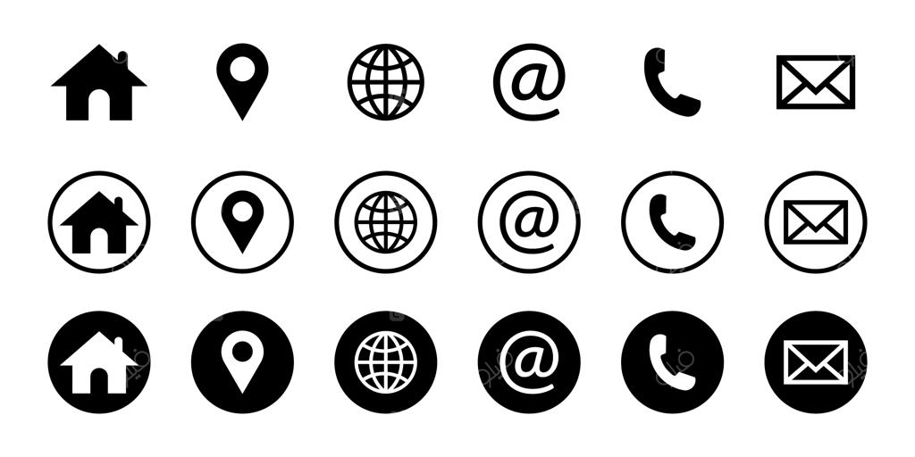 مجموعه آیکون‌های تماس مینیمال شامل نمادهای خانه، موقعیت، وب، ایمیل، تلفن و شبکه‌های اجتماعی در سبک‌های فلت، خطی و توپر