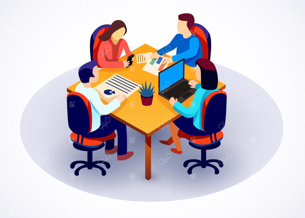 پترن بنر وب‌سایت تیمی: همکاری تیم کسب‌وکار با داده‌ها - گروهی از همکاران دفتر در حال بحث و گفتگو درباره داده‌ها دور میز ایزومتریک