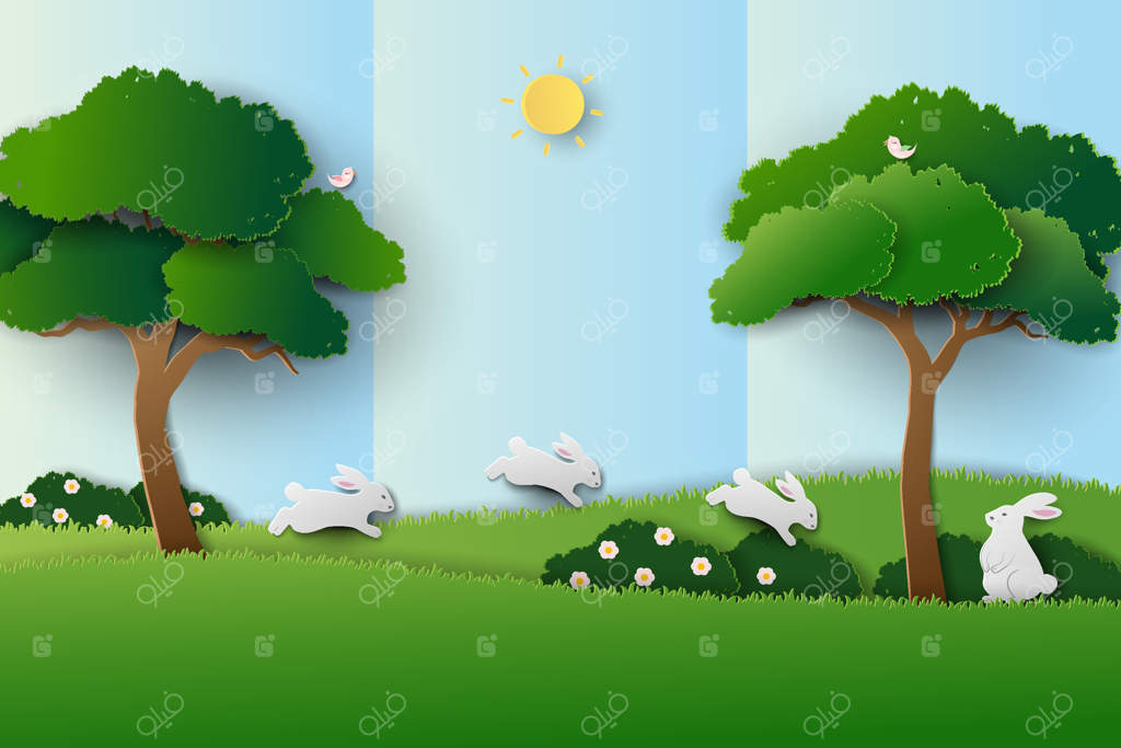 کارت تبریک عید پاک، باغ بهاری با خرگوش‌های بامزه برای تزئین یا جشن