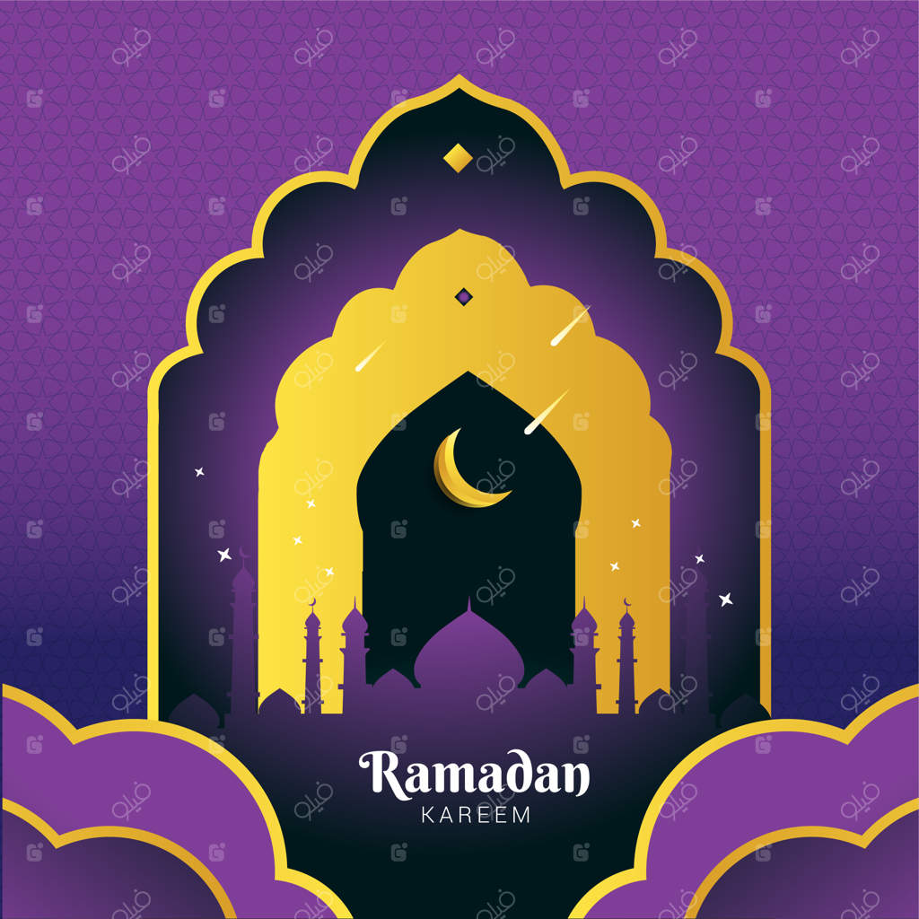 کارت رمضان مبارک با طرح مسجد، ماه و ستاره های دنباله دار
