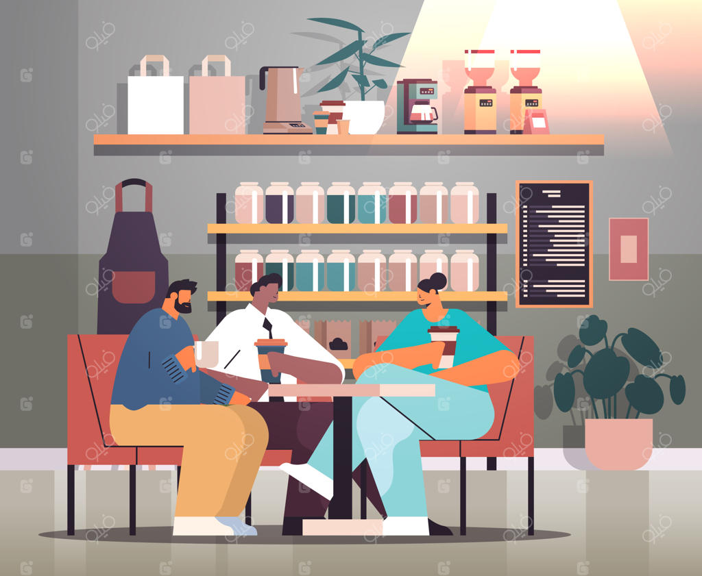 نشست کاری کارآفرینان چند نژادی در کافی‌شاپی مدرن و نوشیدن قهوه