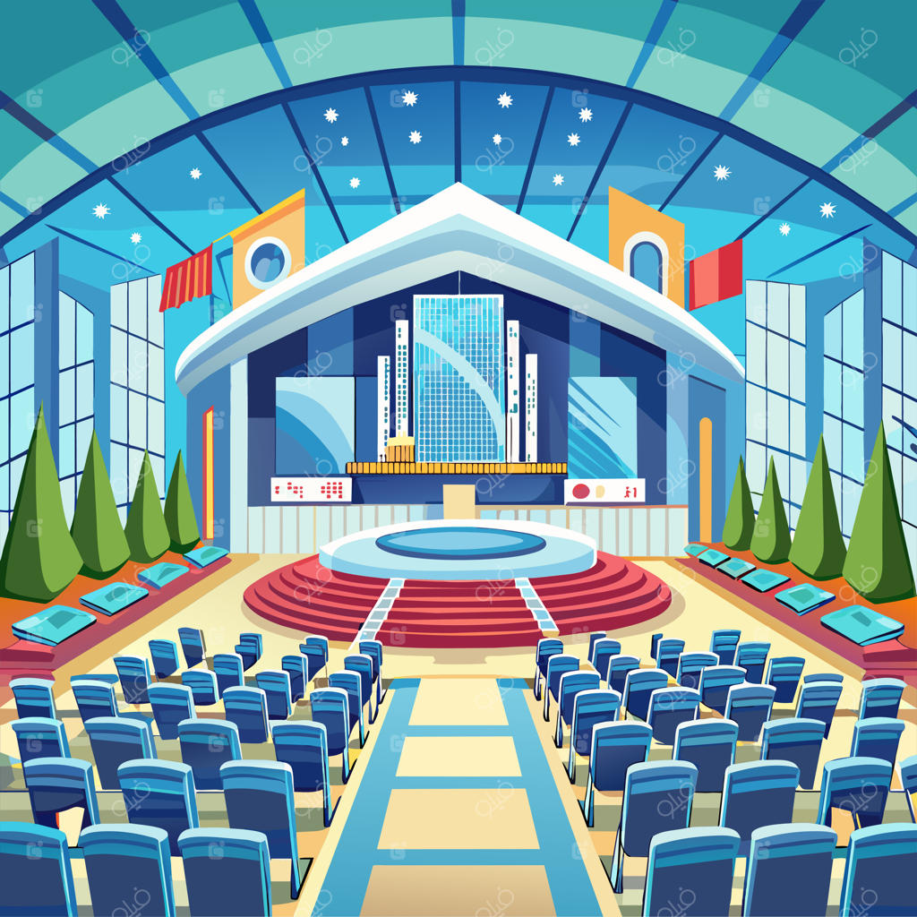 سالن همایشی وسیع با معماری آینده‌نگرانه و ردیف‌های منظم صندلی‌های آبی، آماده‌ی برگزاری مراسم