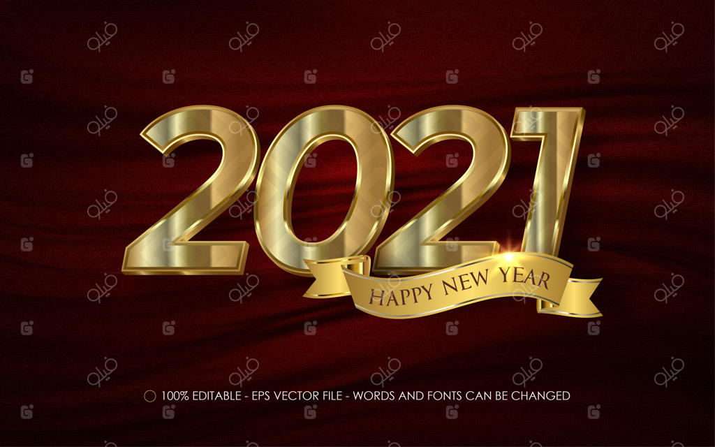 سال نو 2021 مبارک با عدد طلایی و روبان، کارت تبریک لوکس