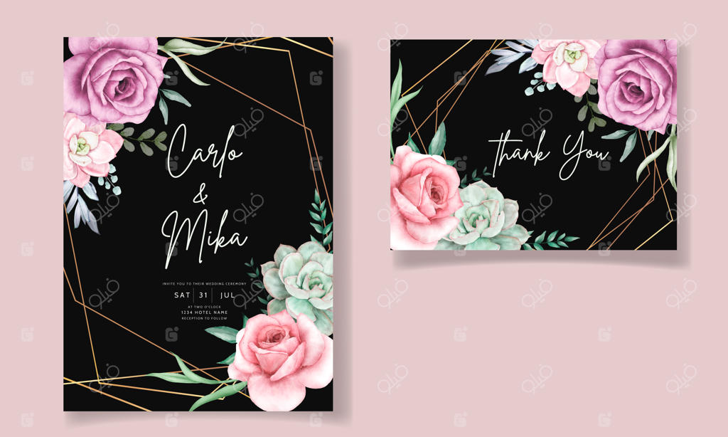 پترن دعوت‌نامه عروسی با طراحی دستی و آبرنگی از کاکتوس و گل رز زیبا