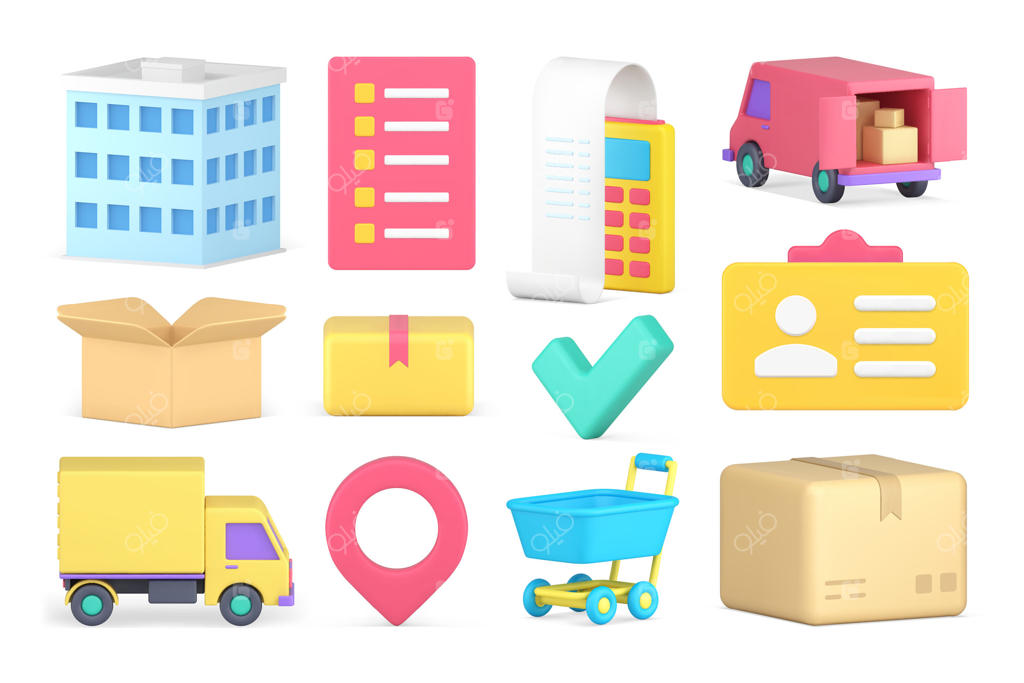 مجموعه آیکون‌های سه‌بعدی برای خدمات حمل و نقل و پستی، پرداخت و خرید تجاری
