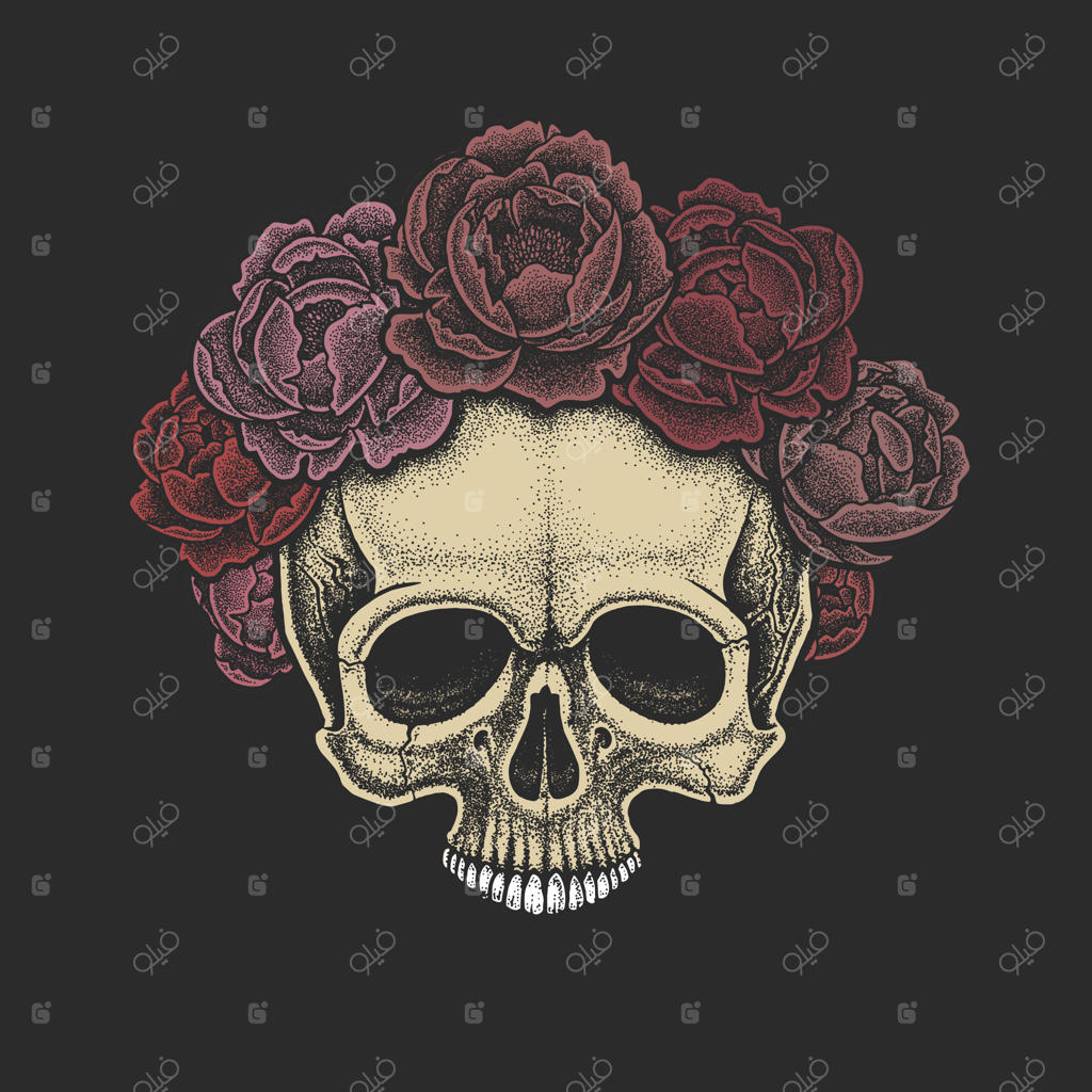 جمجمه‌ای با استایل نقطه‌کاری و تاج گل صدتومانی