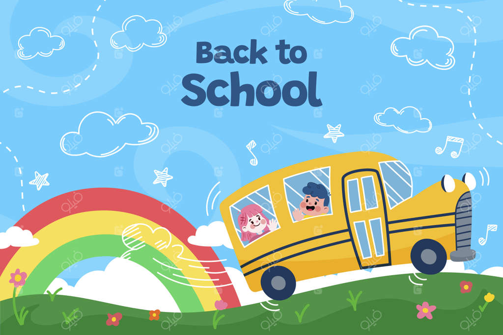 تصویر بازگشت به مدرسه با رنگین‌کمان و اتوبوس