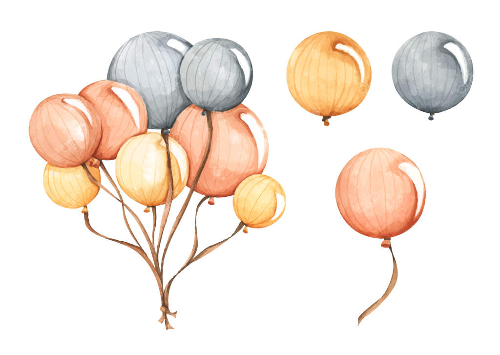 مجموعه‌ای از بادکنک‌های رنگارنگ: بسته‌ای از بادکنک‌های نارنجی، زرد و سیاه، تصویرسازی با آبرنگ