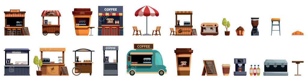 مجموعه آیکون‌های غرفه قهوه: نمادهای کافی‌شاپ و نوشیدنی‌های کسب‌وکار کوچک