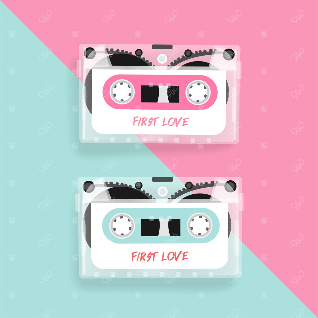 نوار کاست قدیمی روی سطح صورتی و آبی پاستیلی.