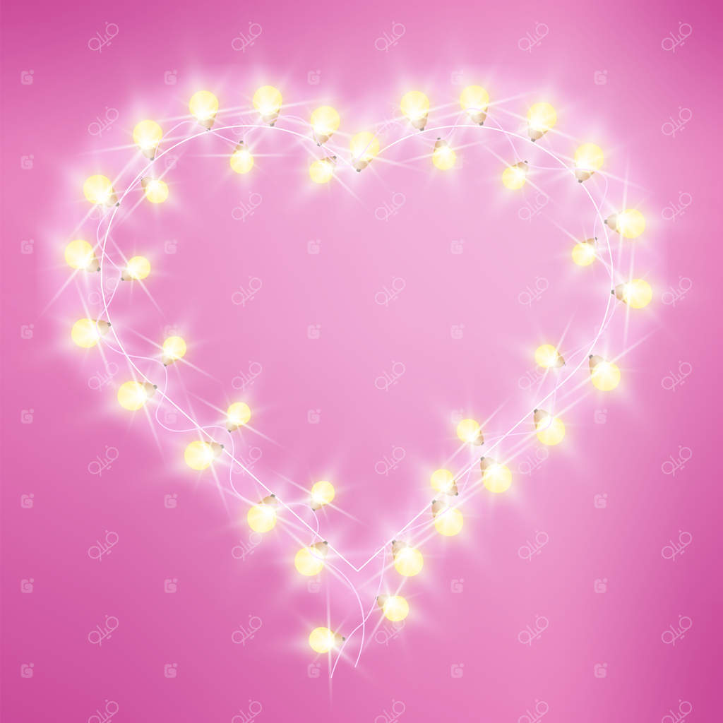 روز ولنتاین: نورهای عشق به شکل قلب با پس‌زمینه صورتی و لامپ‌ها و رشته‌های تزئینی.