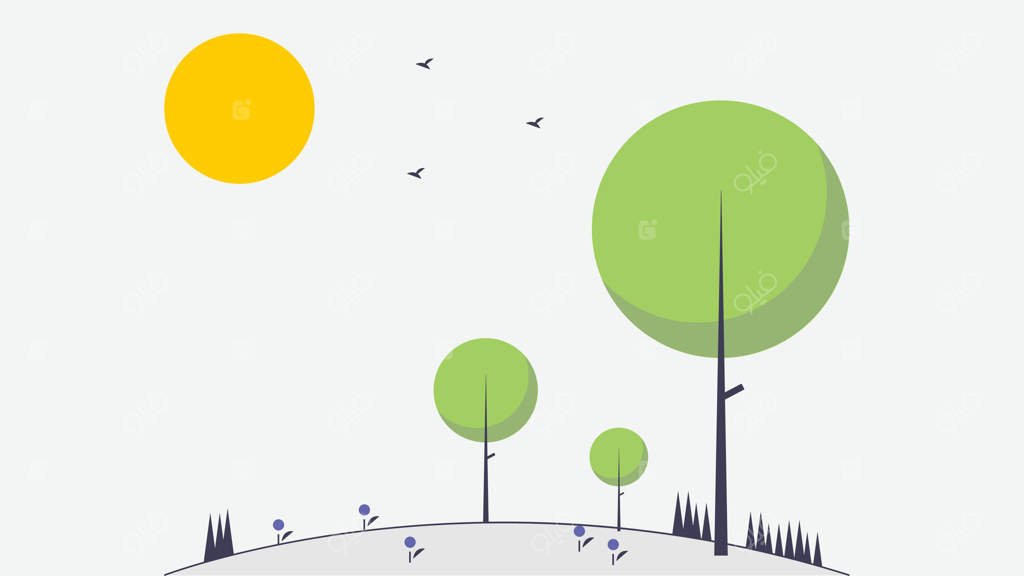 درختان گرد در باغ با خورشید در پس‌زمینه - تصویرسازی ساده