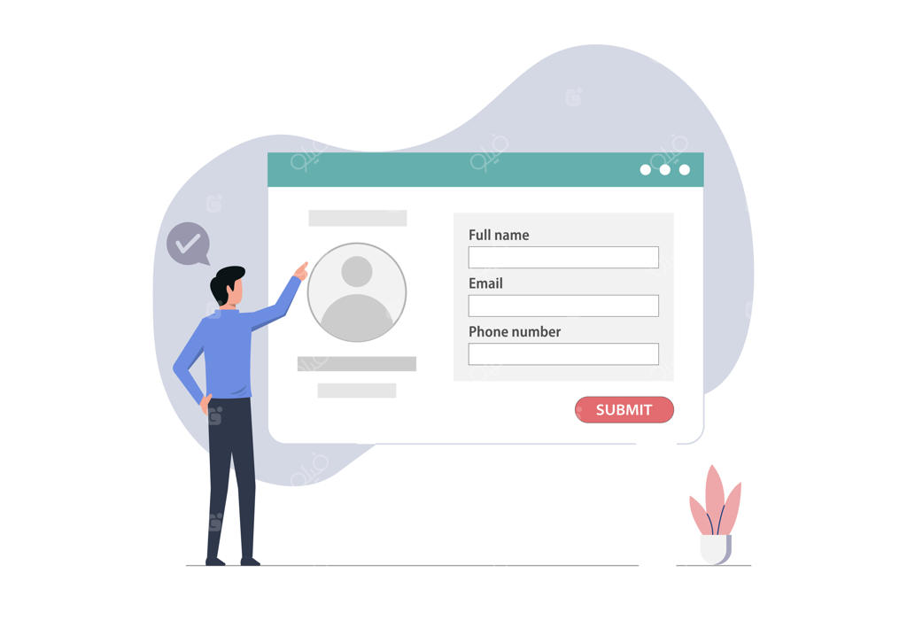فرم ثبت‌نام آنلاین و پرسشنامه دیجیتال برای ورود اطلاعات شخصی و تماس شامل نام، ایمیل و شماره موبایل در وب‌سایت یا اپلیکیشن