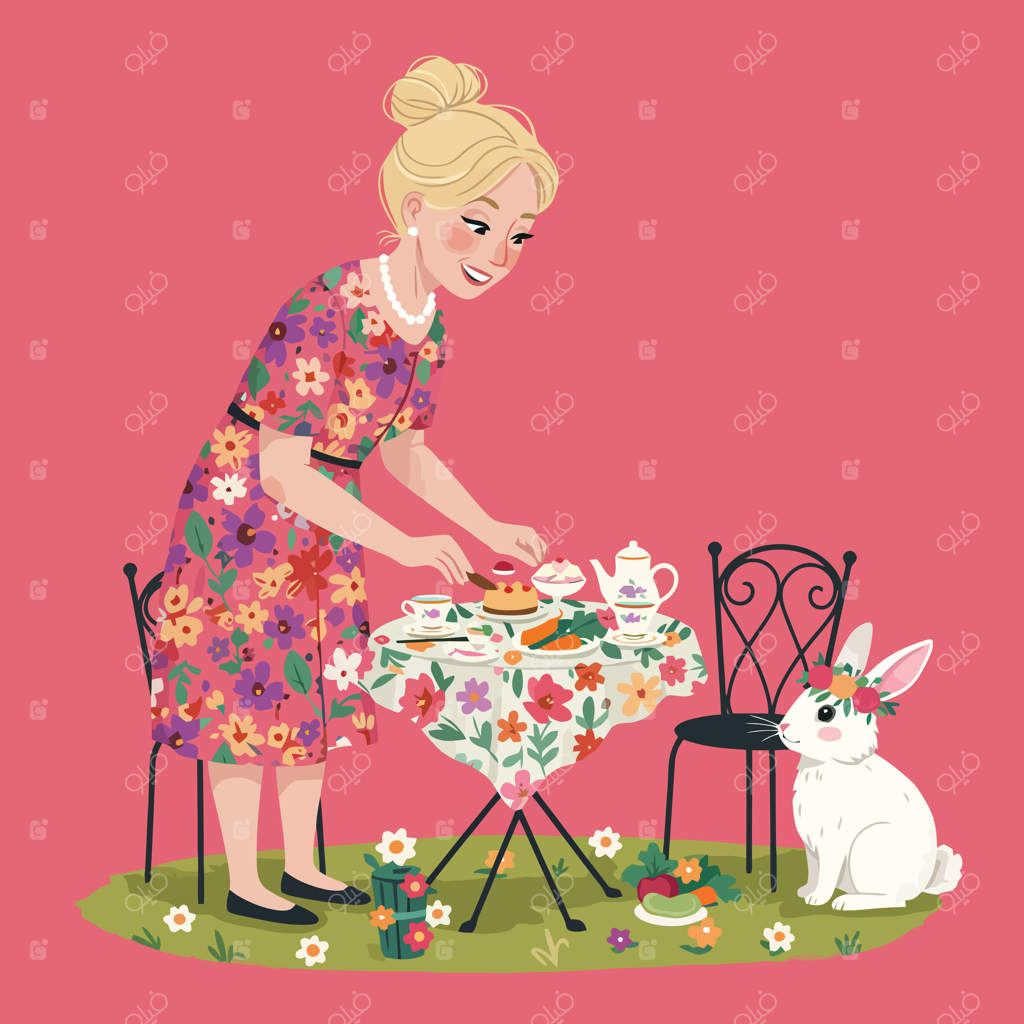 پذیرایی چای در مهمانی باغ با خرگوش و لباس گل‌دار