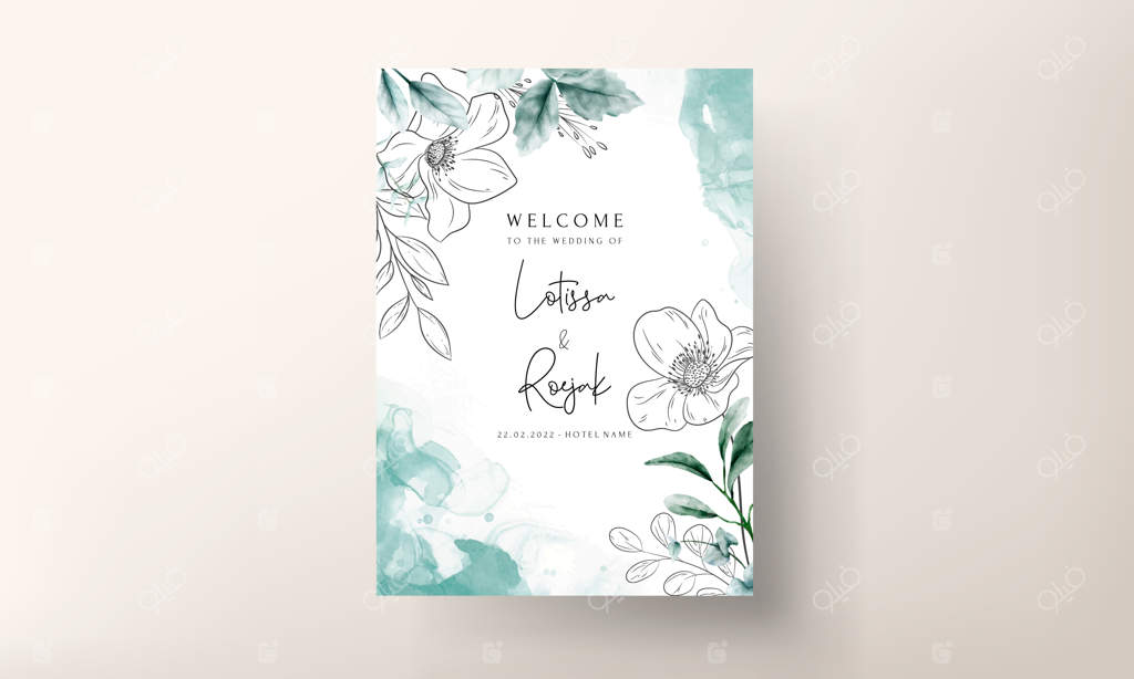 قالب کارت عروسی با گل‌های مینیمال و آبرنگی شیک