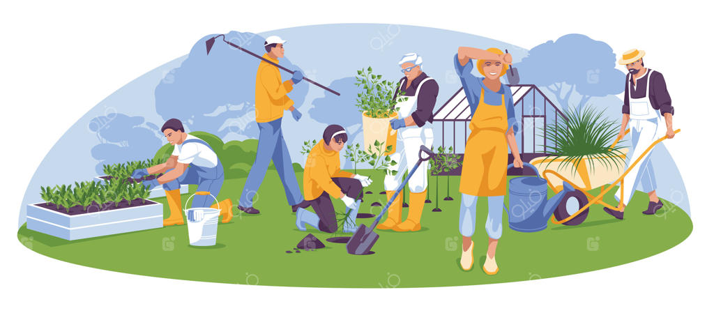 کارهای باغ در بهار و تابستان: افراد مختلف با ابزار باغبانی. گلخانه. مفهوم کارهای فصلی. تصویرسازی وکتور ساده.