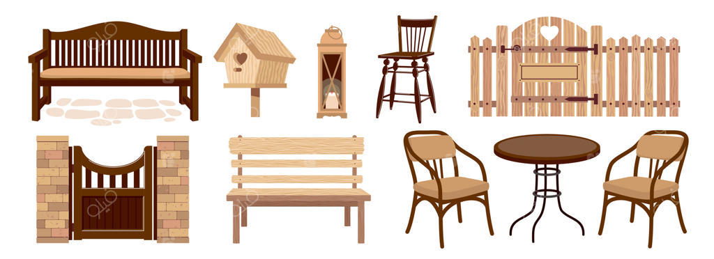 مجموعه‌ای از تصاویر وسایل باغ روستایی: مبلمان چوبی خانگی شامل میز، صندلی‌ها، نیمکت، صندلی راحتی، نرده، دروازه، لانه پرنده و چراغ خیابانی.