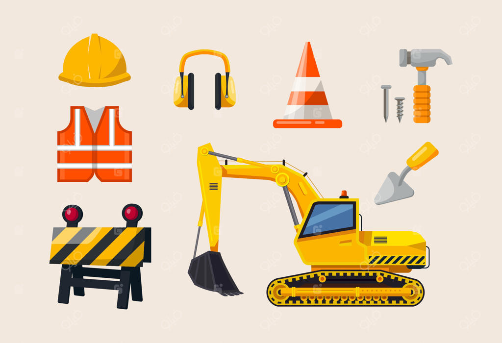وکتور حرفه‌ای ابزارهای ضروری ساختمانی و تجهیزات ایمنی